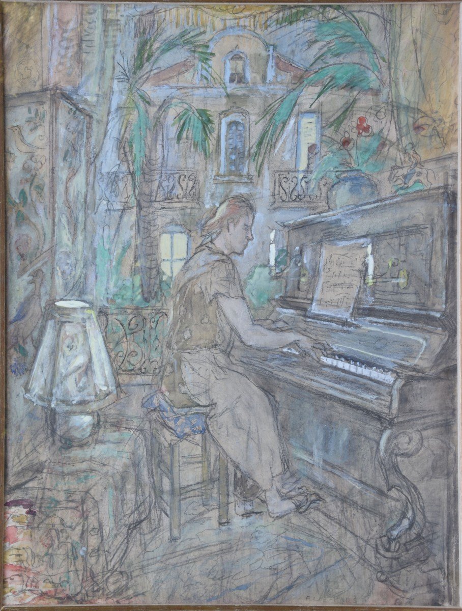 Ethel MARS "La pianiste" aquarelle gouachée 43x35-photo-4